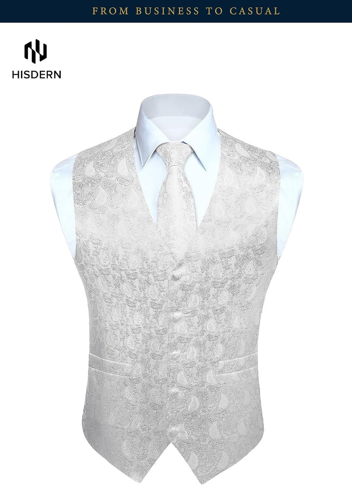HISDERN Herren Weste Paisley Floral Jacquard Krawatte Einstecktuch Taschentuch Weste Anzug Set XXL W