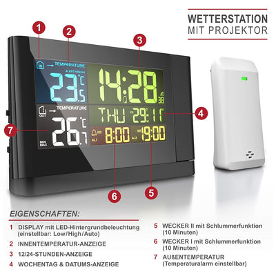 Funk Wetterstation mit Farbdisplay - mit Aussensensor - DCF Empfangssignal Funkuhr - Innen- und Auss