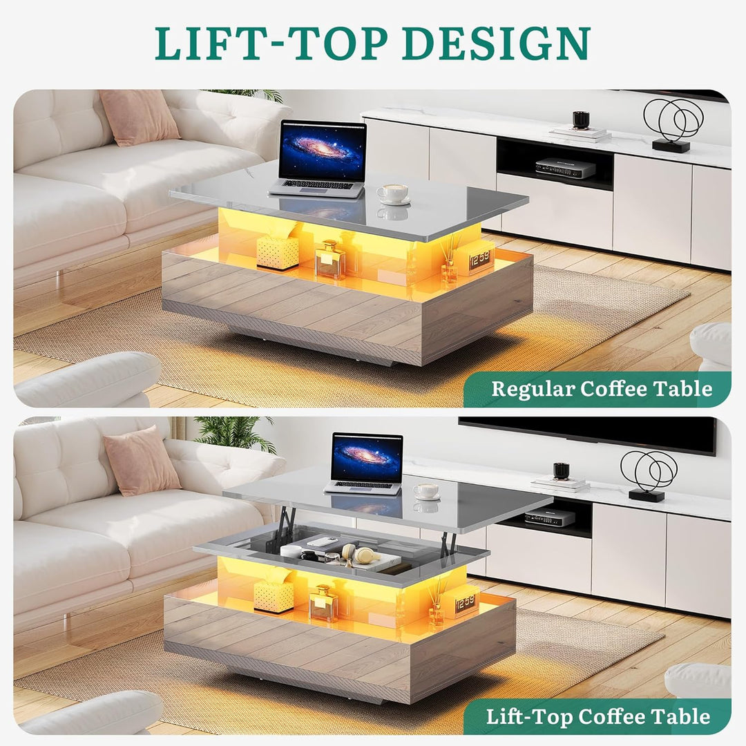 YITAHOME Couchtisch Hochglanz mit LED-Streifen, Couchtisch mit Ablagefläche für Wohnzimmer, moderner