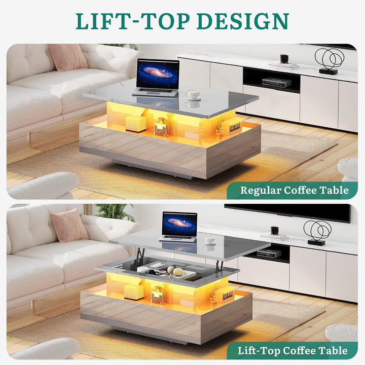 YITAHOME Couchtisch Hochglanz mit LED-Streifen, Couchtisch mit Ablagefläche für Wohnzimmer, moderner