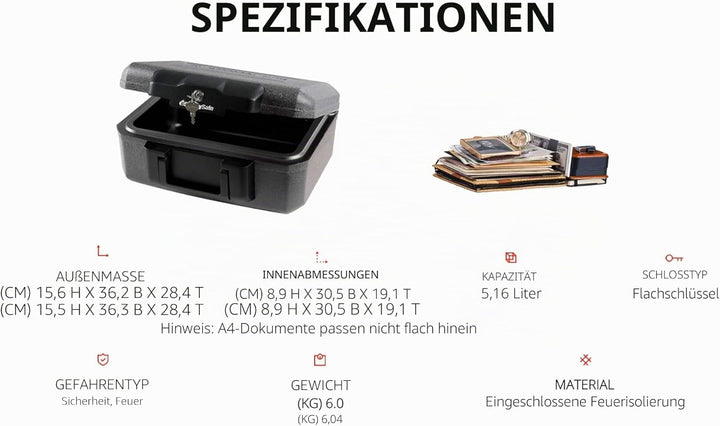 Dokumenten Tresor Feuerfest mit Schlüsselschloss Klein Small, Small