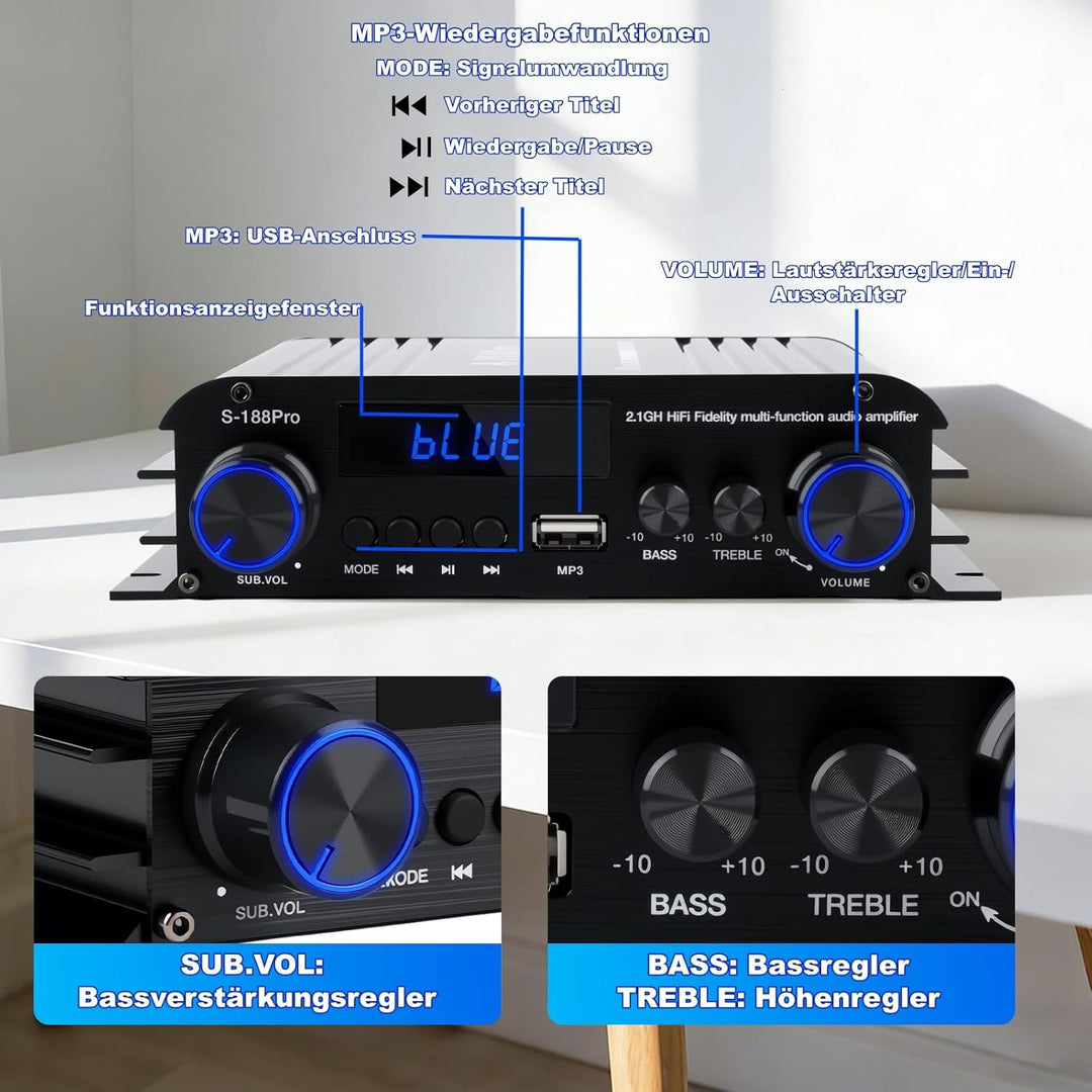 2.1 Kanal Mini hifi Verstärker - Bluetooth 5.3 Audioverstärker mit 1000W Peak | 50W×2 RMS + Subwoofe