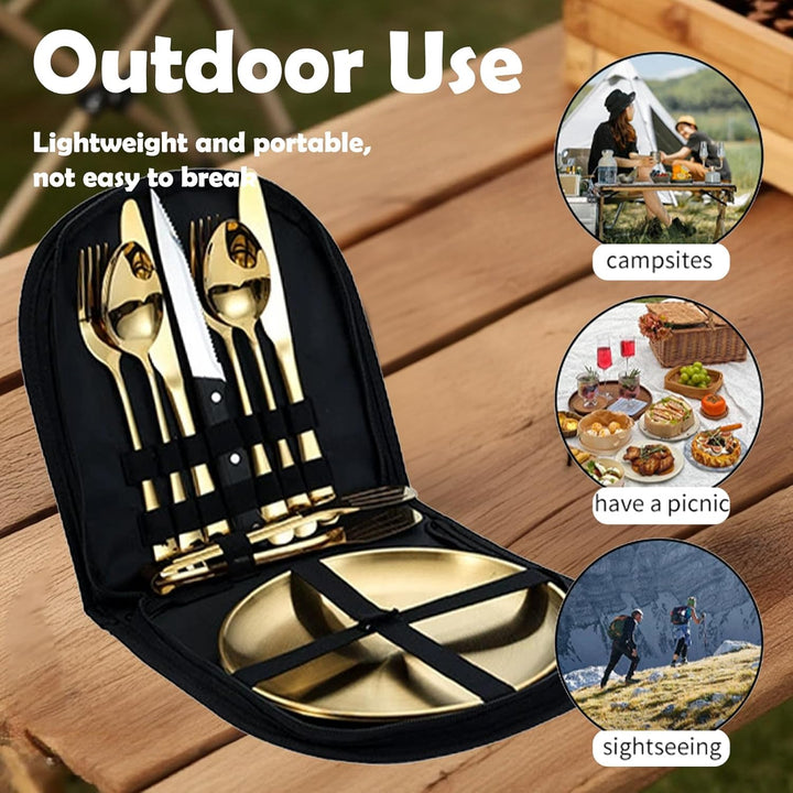 Camping Geschirr Set für 2 Personen, 10 Stück Tragbars Campingbesteck Set aus Edelstahl für Picknick
