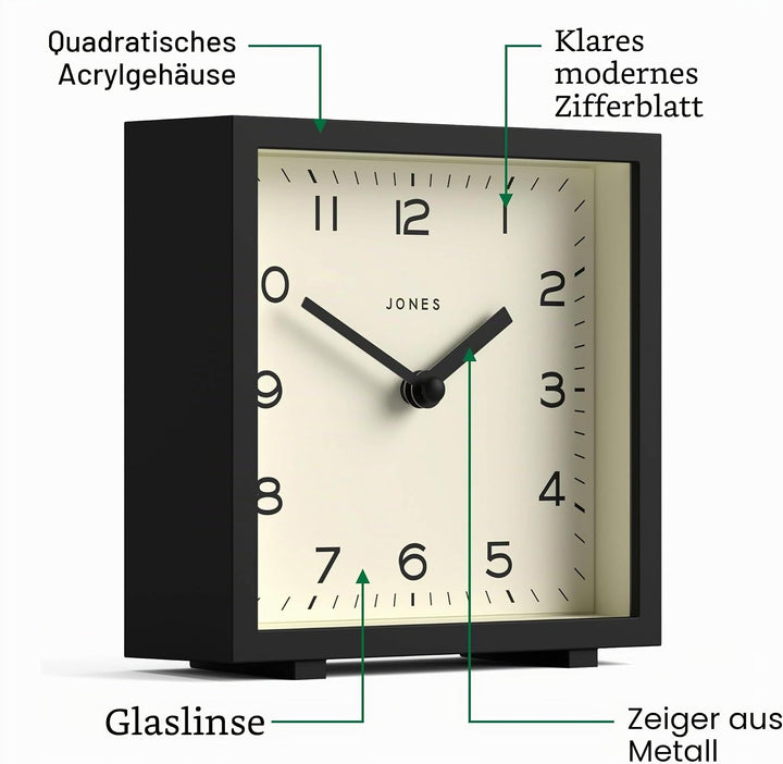 JONES CLOCKS® 'Disco' Schreibtischuhr – Elegantes, quadratisches Design in Schwarz, stilvoll und gut