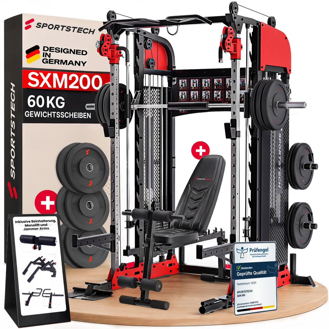 Sportstech SXM200 Smith Machine für Zuhause, Power Rack mit Kabelzug, Klimmzug, Langhantelstange, Be