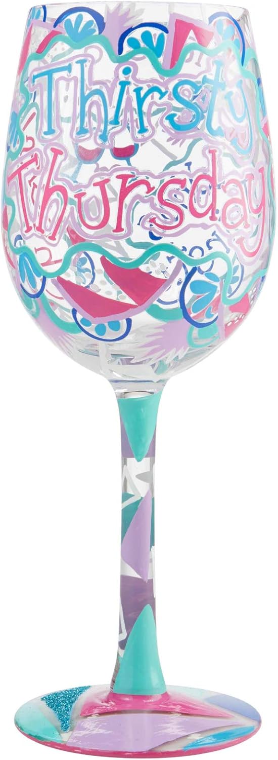 Enesco Designs by Lolita Thirsty Thursday Artisan Weinglas, handbemalt, 1 Stück, mehrfarbig Dursty T
