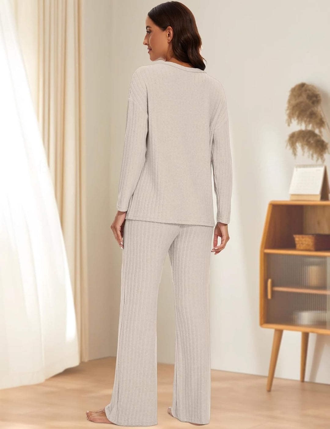 Schlafanzug Damen Lang Zweiteiler Nachtwäsche Warm Pyjama Set mit V-Ausschnitt Top und Hosen mit Tas