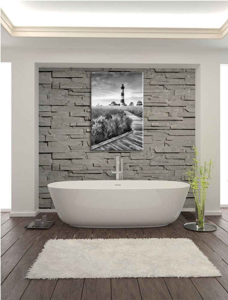 Pixxprint Leuchtturm im Nebel / 100x70cm Leinwandbild bespannt auf Holzrahmen/Wandbild Kunstdruck De