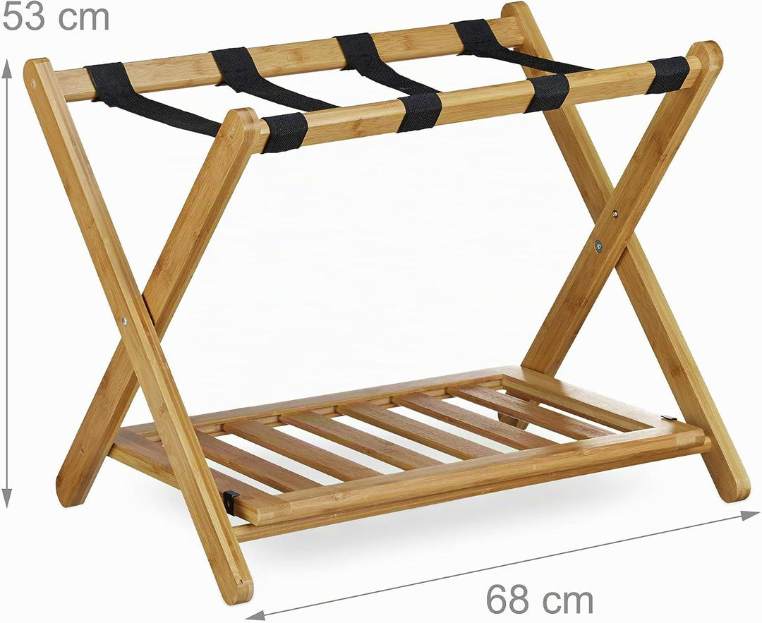 Relaxdays Kofferständer Bambus, klappbar, für Koffer &amp; Reisetaschen, 2 Ablagen, Gepäckablage, HBT 53