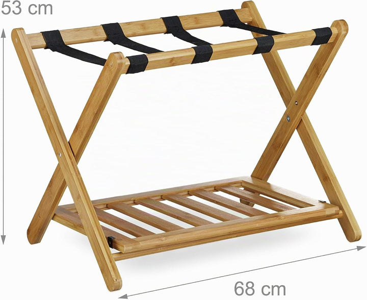Relaxdays Kofferständer Bambus, klappbar, für Koffer &amp; Reisetaschen, 2 Ablagen, Gepäckablage, HBT 53