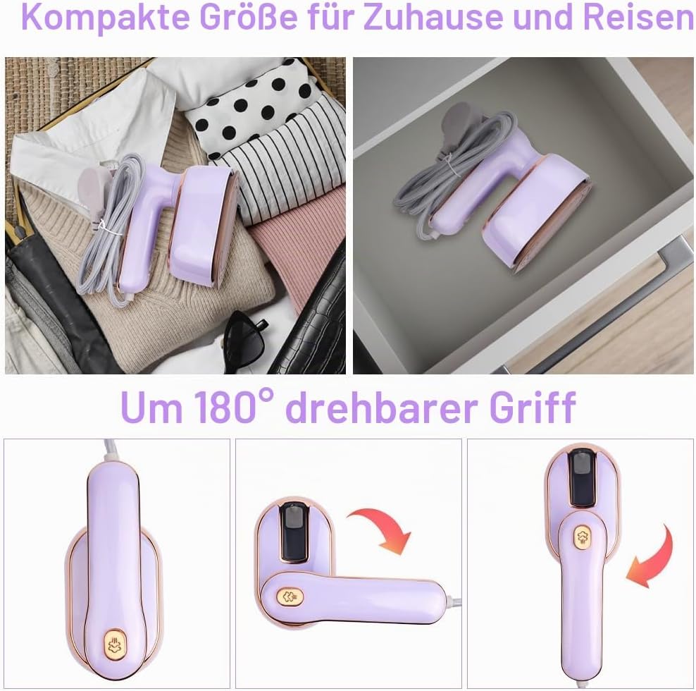 AUAUY Dampfbügeleisen Mini, 1000 W Faltbares Tragbares Reisebügeleisen, Handbügelmaschine mit 100 ml