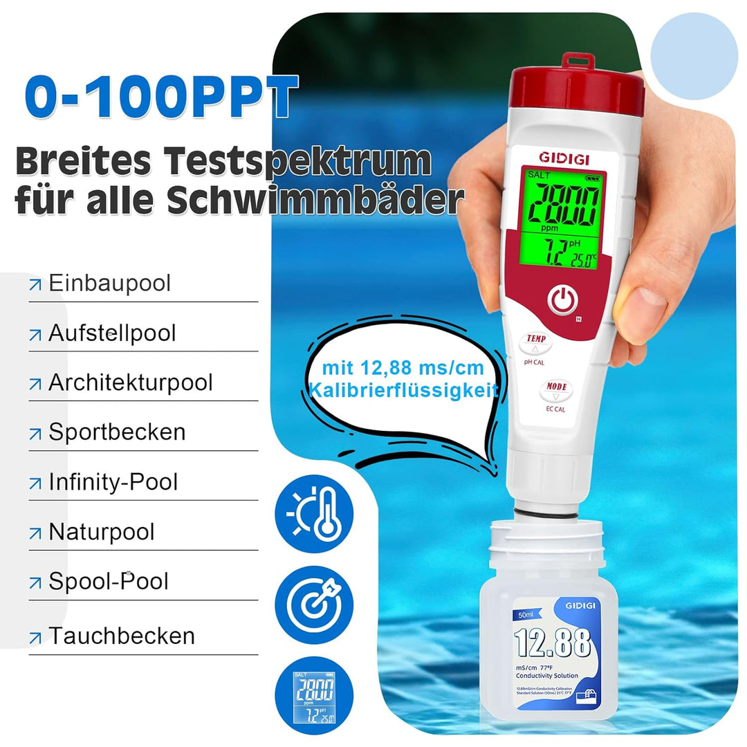 Digitaler Salztester für Pools, pH-Salzgehaltmessgerät für Salzwasserpools mit 12,88 mS/cm Kalibrier