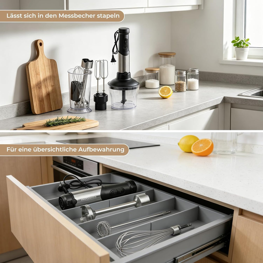Stabmixer Set 1200W mit 12 Geschwindigkeiten & Turbofunktion – Edelstahl Pürierstab für Suppen, Soss