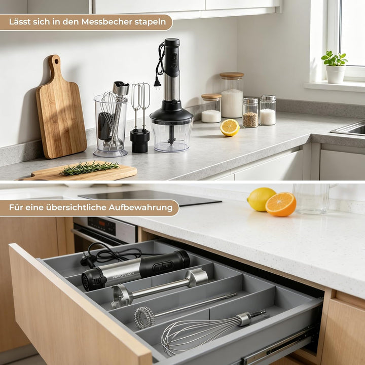 Stabmixer Set 1200W mit 12 Geschwindigkeiten & Turbofunktion – Edelstahl Pürierstab für Suppen, Soss