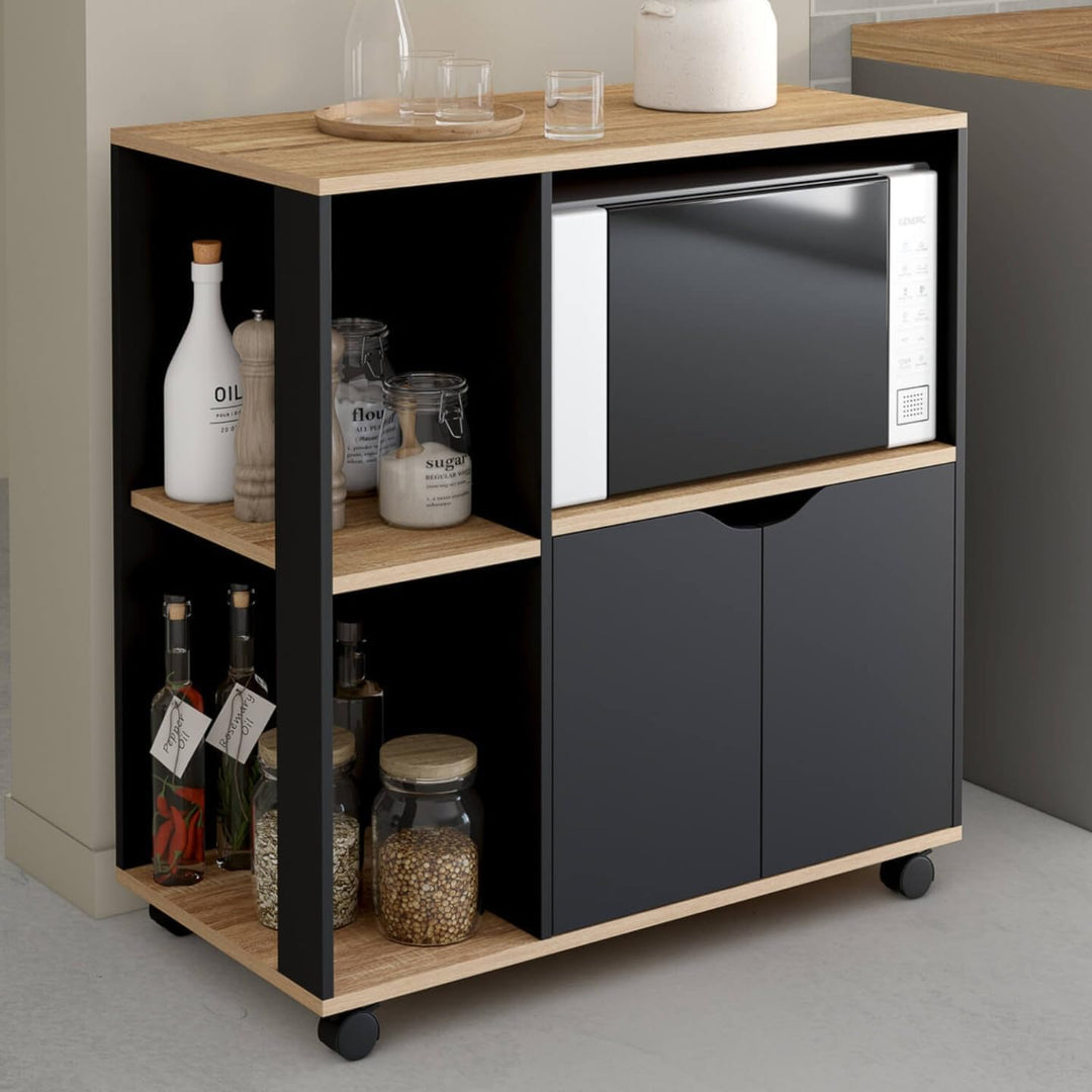 IDMarket - Küchenwagen COSI aus schwarzem Holz und Buchenholzplatten B.76 CM