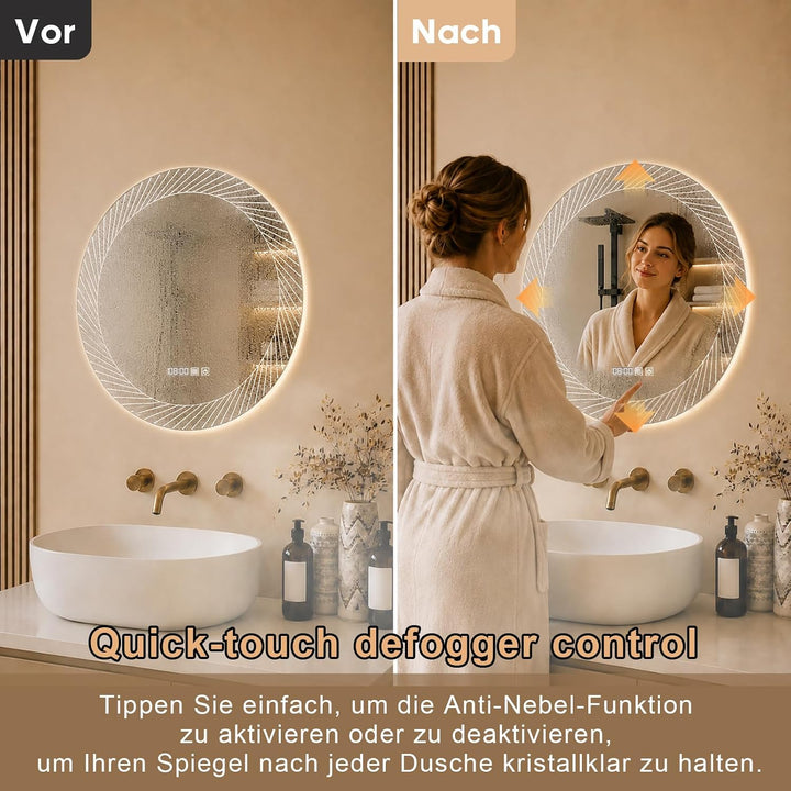 Badspiegel mit Beleuchtung, 60 cm Spiegel mit LED Licht | Zeit anzeigen Touch Schalter Temperaturanz