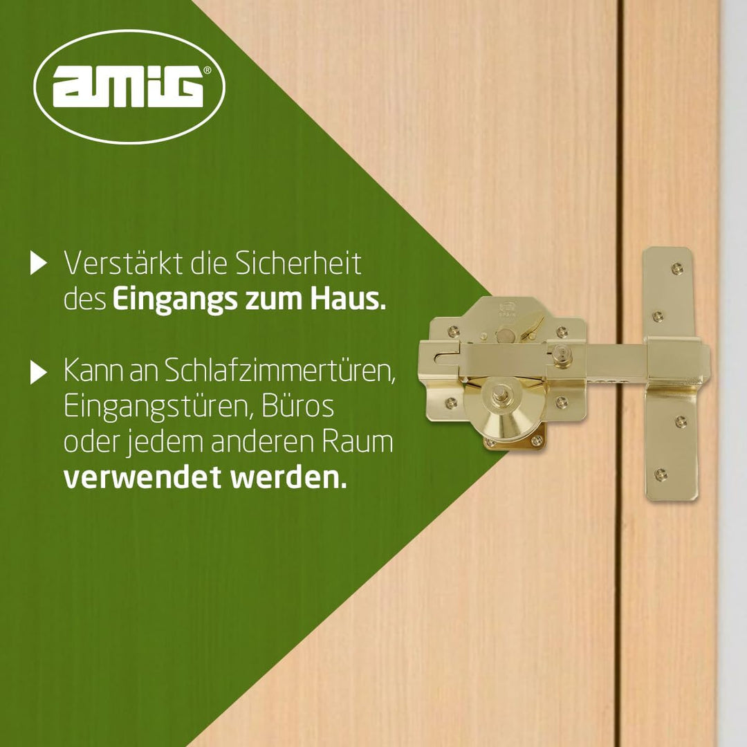 Amig - Aufliegendes Türriegelschloss mit Öffnungsknopf, Sicherheitsriegel und Sperrhebel aus verchro