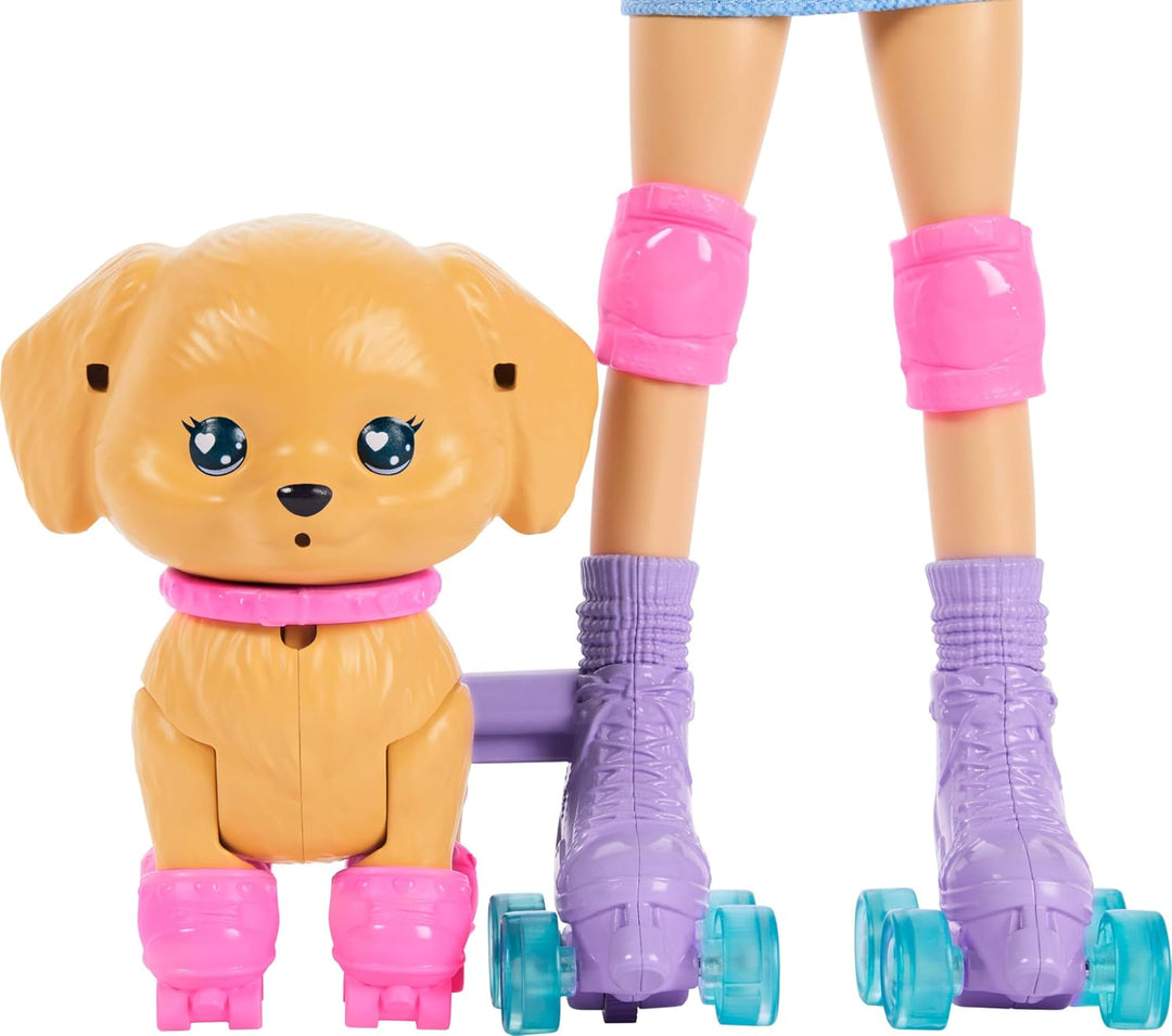 Barbie Brünette „Pets Skate and Run Puppe mit Rollschuh-Hündchen, Leine, passenden Rollschuhen, Sonn