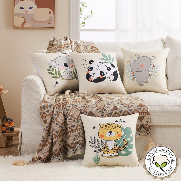 100% Hochwertige Baumwolle: Kinder Kissenbezüge 40x40 (4er Set) | Bezaubernde Tiermotive: Nashorn Le