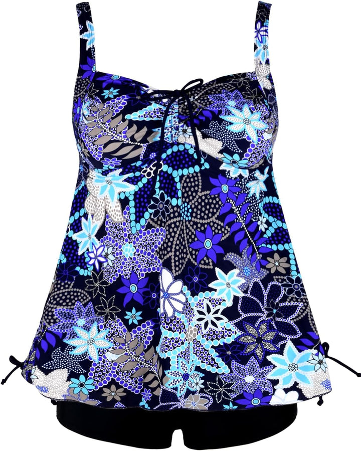 Hilor Tankini Bathing Suits for Women Plus Size Swimsuit Retro Paisley Two Piece Swimwear Blaue Blum
