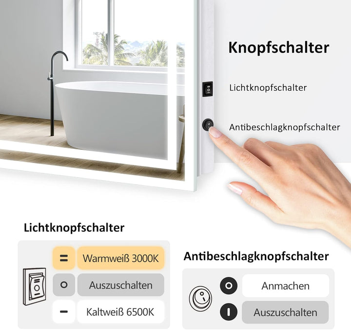 EMKE Badspiegel mit Beleuchtung 40x60cm, Badezimmerspiegel mit Kippschalter+Beschlagfrei+2 Lichtfarb