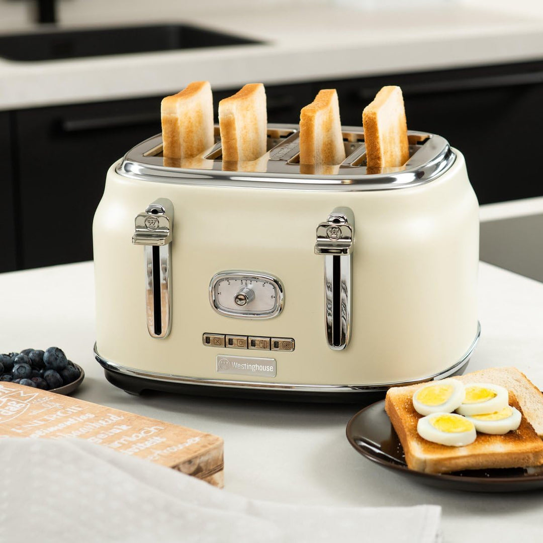 Westinghouse Retro Toaster 4 Scheiben, Abnehmbarer Brötchenaufsatz, 6 Bräunungsstufen, Brotzentrieru
