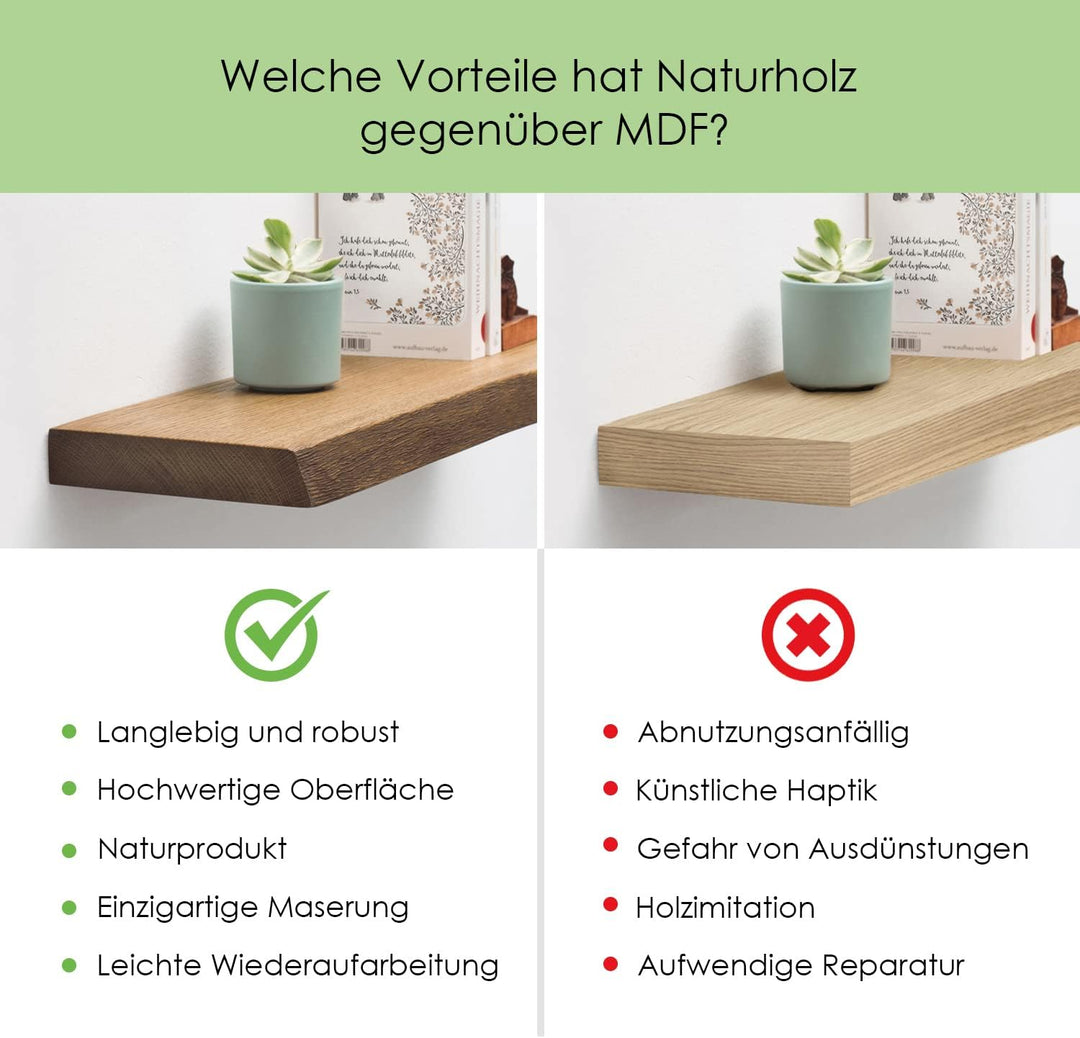 Wandregal Holz Eiche massiv dunkel - Handgefertigtes Regal mit Baumkante Bücherregal Holzregal Wandb