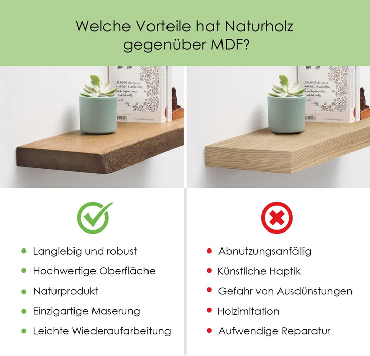 Wandregal Holz Eiche massiv dunkel - Handgefertigtes Regal mit Baumkante Bücherregal Holzregal Wandb