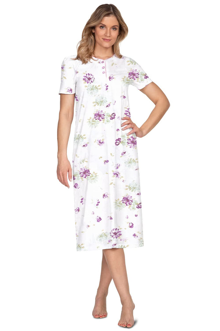 e.Femme® Damen Nachthemd Kate 2348 Kurzarm, 100% Baumwolle Weiss/Aubergine 36, Weiss/Aubergine 36