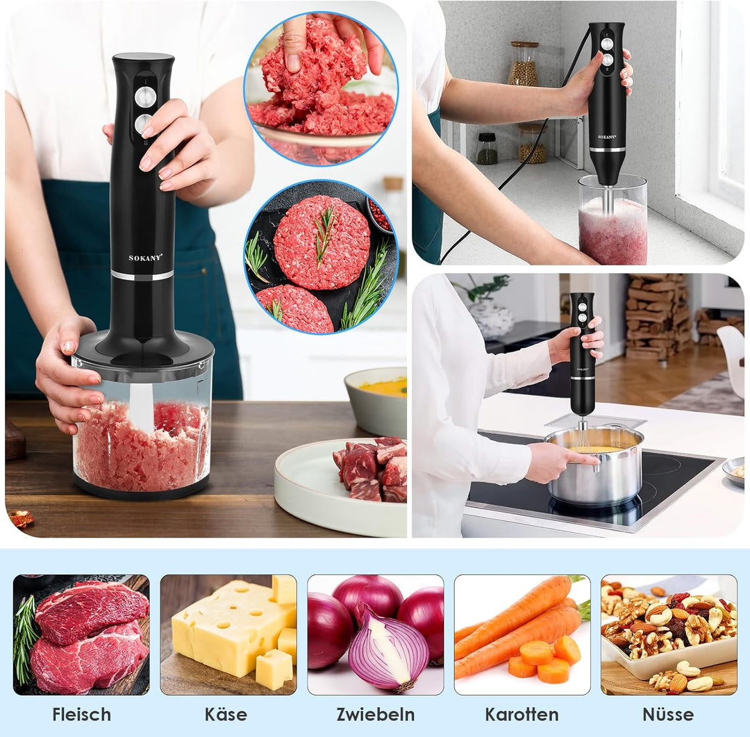 Dreamhigh 4-in-1 Elektrische Stabmixer Set, 500W Pürierstab mit 2 Geschwindigkeiten, inkl. Schneebes