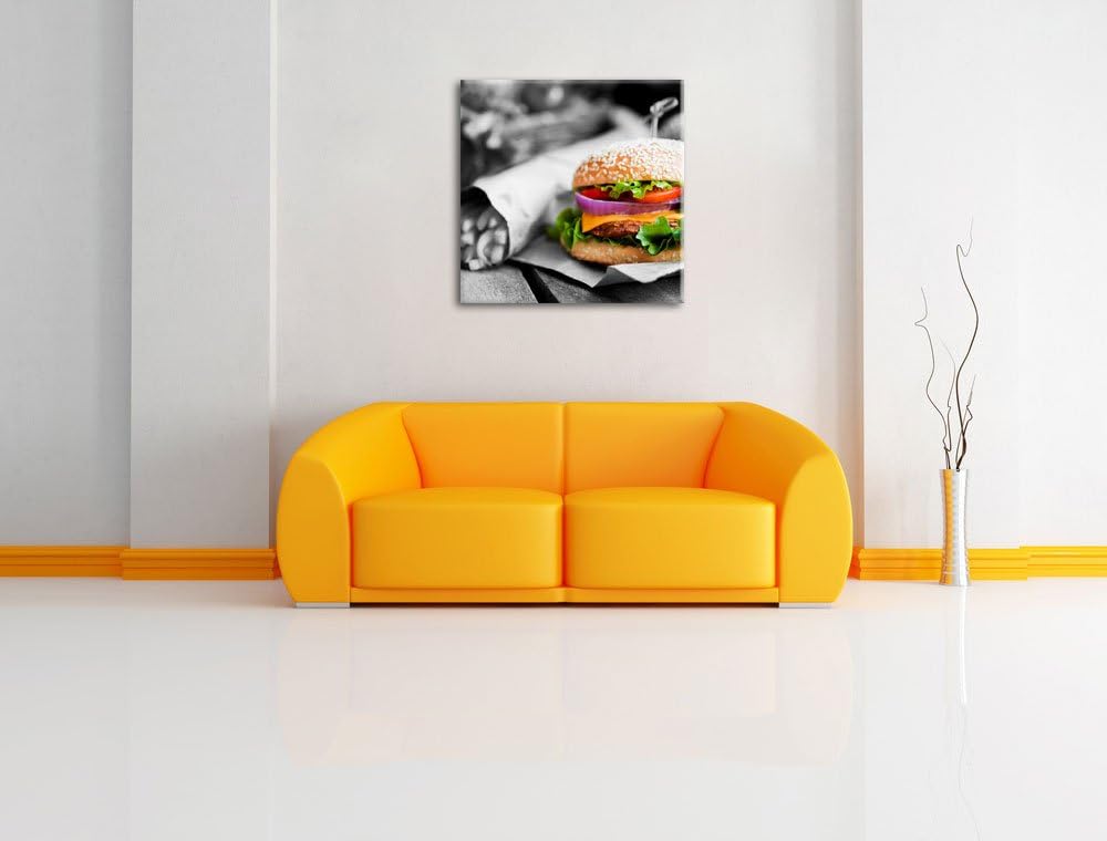 Pixxprint Burger mit Pommes als Leinwandbild/Grösse: 70x70 cm/Wandbild/Kunstdruck/fertig bespannt, 7