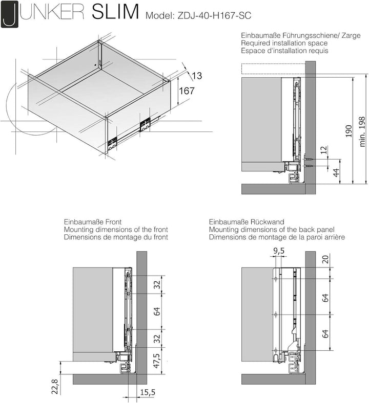 Schubkastensystem JUNKER-SLIM anthrazit Höhe: 167 mm Tiefe: 400 mm JUNKER-SLIM Höhe 167 mm / Tiefe 4