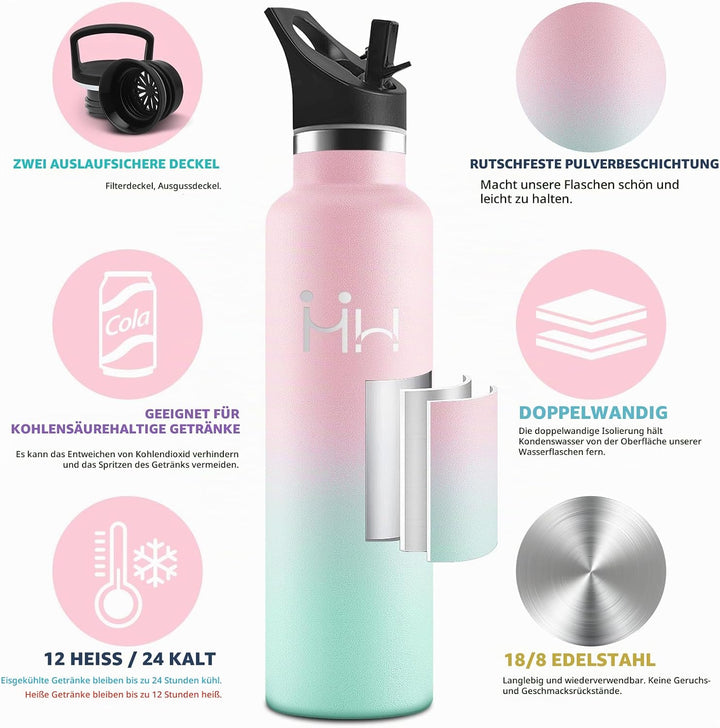 HoneyHolly Trinkflasche 1L, BPA-Frei, Trinkflasche Edelstahl, Thermosflasche, Auslaufsichere Isolier