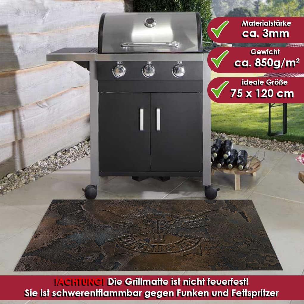 Grillmatte Grillunterlage Bodenschutz Barbecue-Matte Meat Fire Beer 75 x 120 cm Muster wählbar Anti-