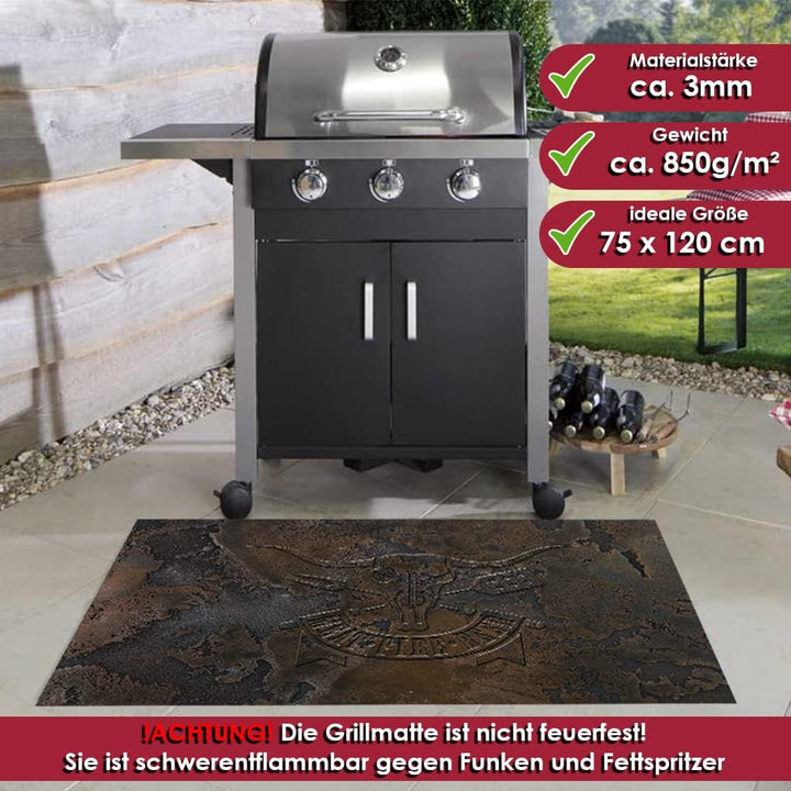 Grillmatte Grillunterlage Bodenschutz Barbecue-Matte Meat Fire Beer 75 x 120 cm Muster wählbar Anti-