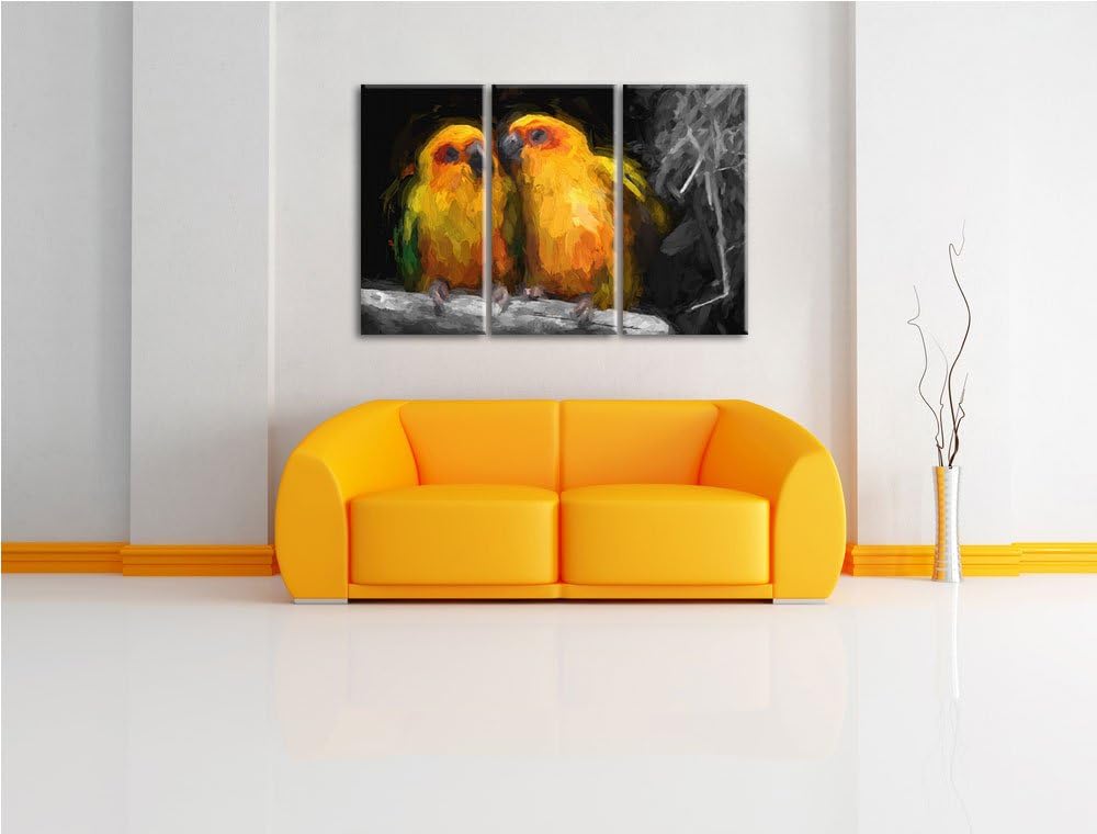 Dark zwei niedliche Sonnensittiche schwarz/weiss Deluxe 3-Teiler Leinwandbild 120x80 Bild auf Leinwa