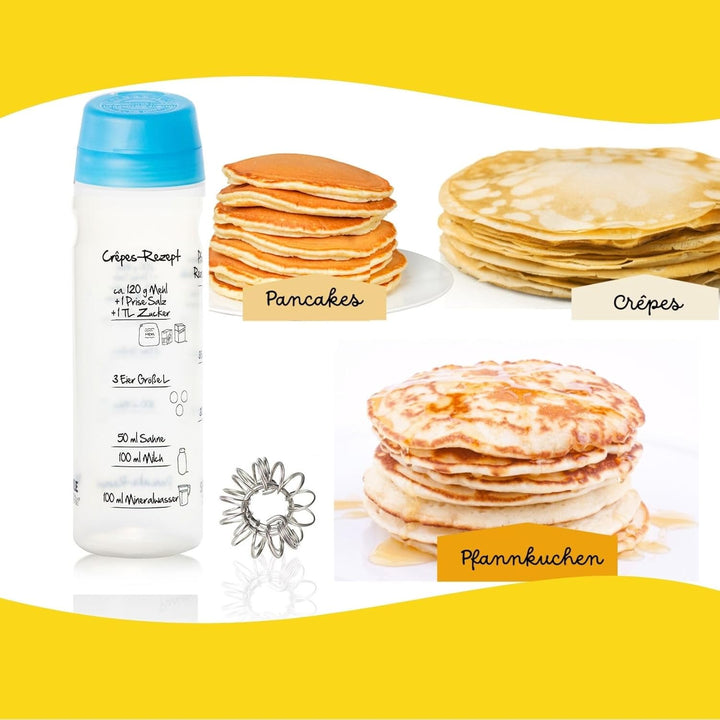 Pfannkuchen-Shaker (875ml, blau) einfach Teig machen und portionieren mit Rezeptaufdruck für Crêpes,