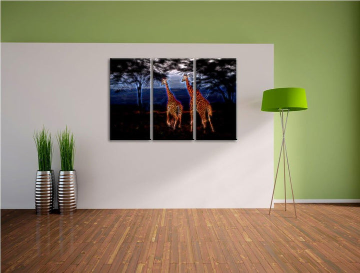 Dark anmutige Giraffen in der Savanne NewArt 3-Teiler Leinwandbild 120x80 Bild auf Leinwand, XXL rie