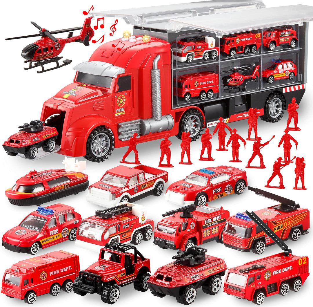 JOYIN 25-in-1 Feuerwehrauto Spielzeugset mit Geräuschen und Lichtern, Feuerwehr Fahrzeuge im Trägerw
