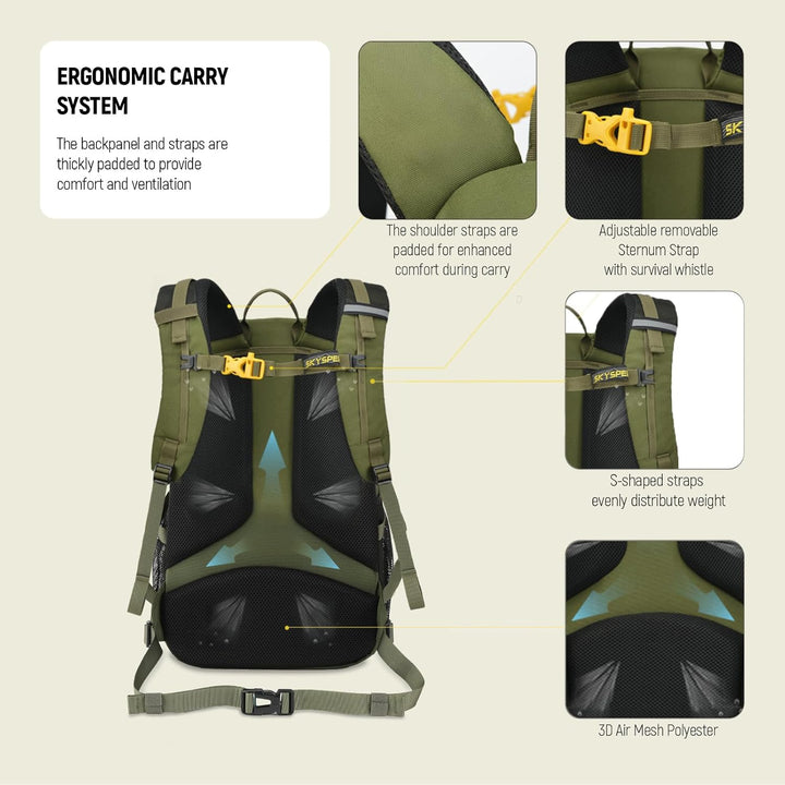 SKYSPER Wanderrucksack 25L, Klein Rucksack mit Rückenbelüftung aus atmungsaktivem 3D Air Mesh Tagesr