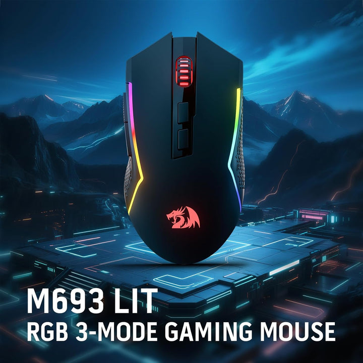 Redragon M693 LIT Kabellose Gaming-Maus, 12800 DPI-Mäuse mit 3-Modus-Verbindung, BT & 2,4G kabellos,
