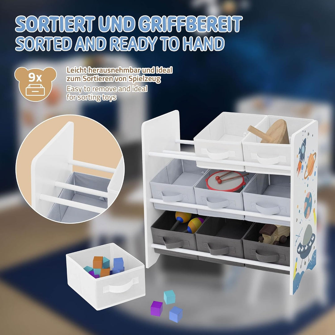 Joyz Kinderregal, Weltraum, 62,5x29,5x60 cm, Weiss, Spielzeugregal mit 9 Aufbewahrungsboxen aus Vlie