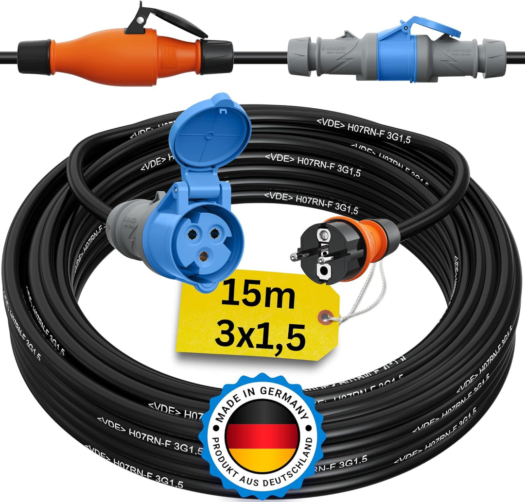 netbote24 CEE Kupplung Schuko Adapterkabel Camping Caravan Boot Campingkabel H07RN-F 3x1,5 mm² IP44