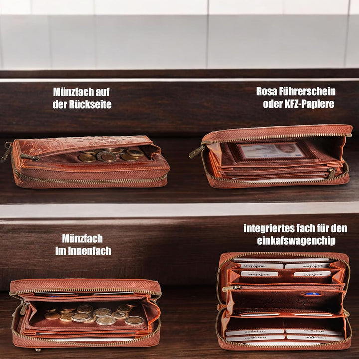 MATADOR Echt Leder Damen Lang-Geldbörse Clutch Portemonnaie TüV Geprüfter RFID Schutz Geldtasche Blu