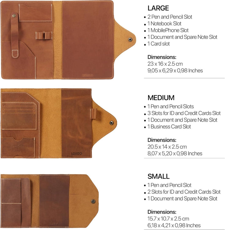 Londo Echtleder Schreibmappe Konferenzmappe mit Notizblock Notizblock und Schloss Braun M, Braun M