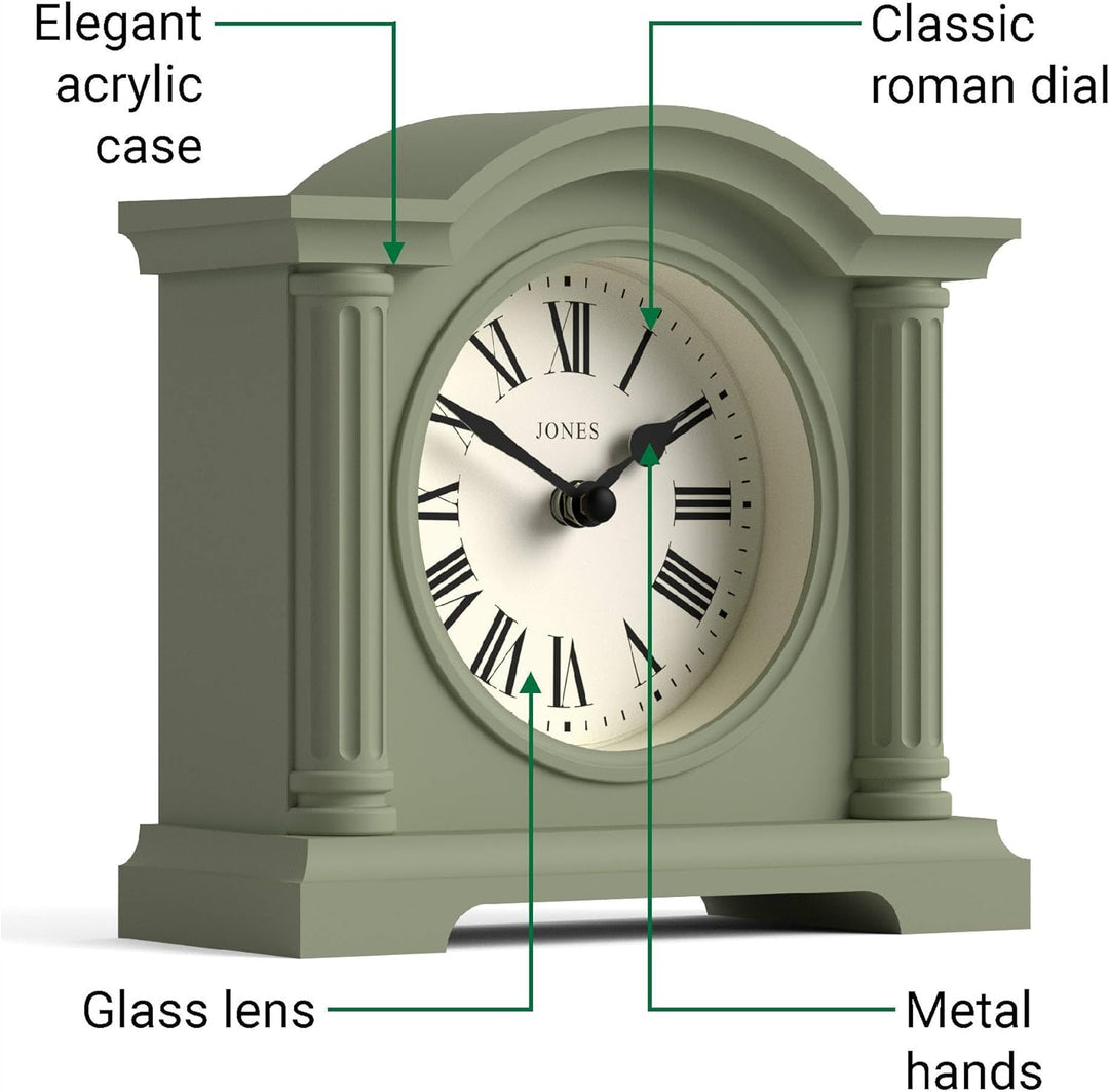 JONES CLOCKS® Kensington Kaminuhr | Klassische Uhr mit gewölbtem Oberteil | Salbeigrün | Stilvoll &