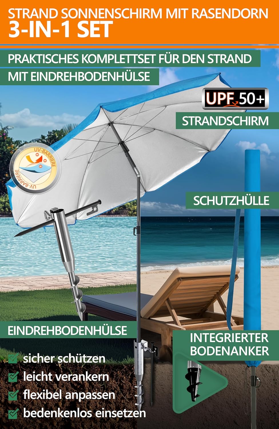 4smile Sonnenschirm Strand 200 cm 3-IN-1-SET, Strandschirm windfest stabil + Schutzhülle + Eindrehbo