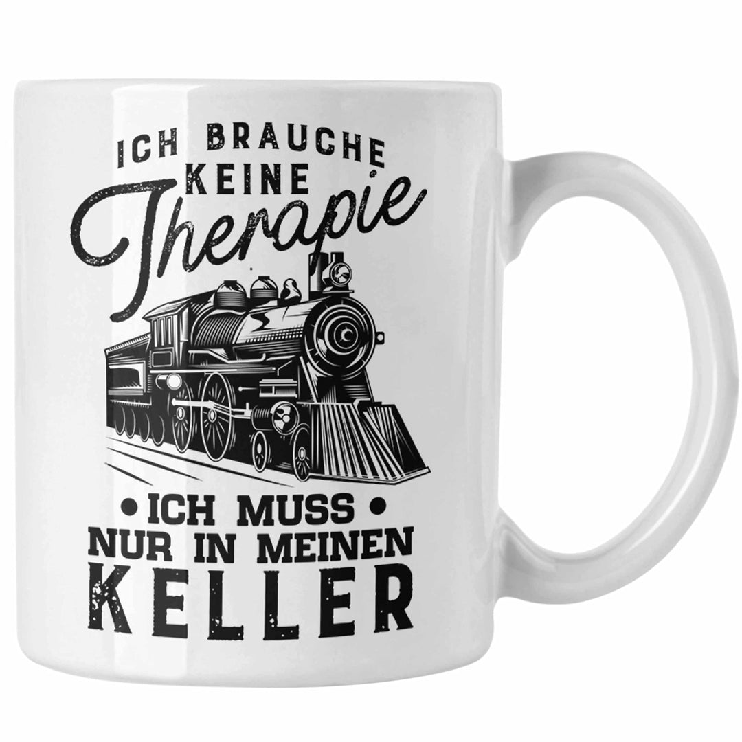 Trendation - Modelleisenbahn Tasse Geschenk für Eisenbahner Spruch Ich Muss In Meinen Keller (Weiss)