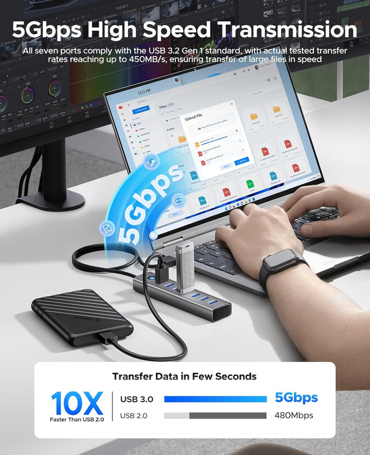 ORICO 7-Port USB-Hub - Aluminium USB Verteiler mit 100 cm Kabel, USB 3.0 5Gbps Datenrate, 5V 3A Type