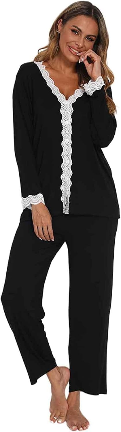 Jecarden Damen Schlafanzug mit Spitze Lang - Damen Pyjama Set Winter Langärmelig Nachtwäsche Zweitei
